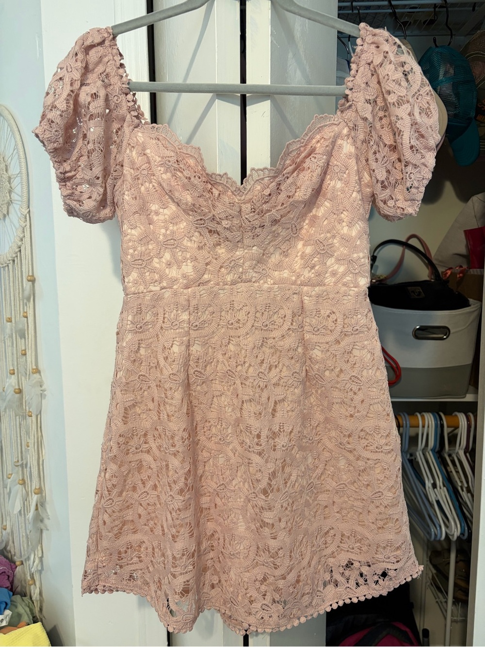 Romantic Blush Pink Lace Puff-Sleeve Mini Dress